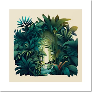 A design featuring a lush jungle scene with a hidden oasis tucked away within it. Posters and Art